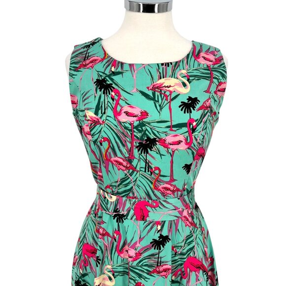 Retro Tropical Flamingo Print Sleeveless A-Line Summer Dress Size Small - Picture 2 of 13